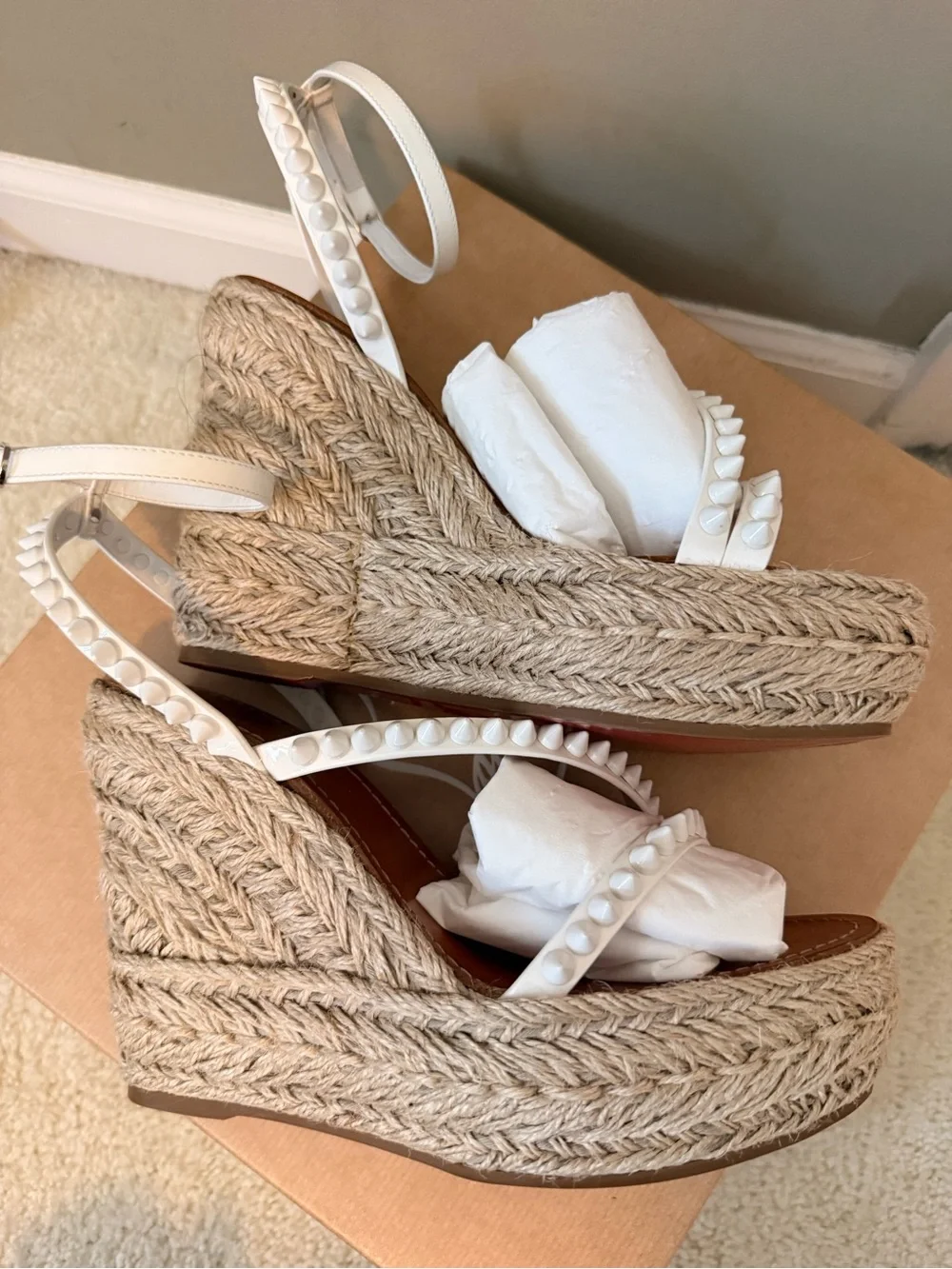 Christian Louboutin Mafaldina Zeppa 120 White Spiked Espadrille Wedges 39